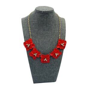 Ballet Brand Red Large Metal Flowers Rhinestone Statement Necklace 16” New